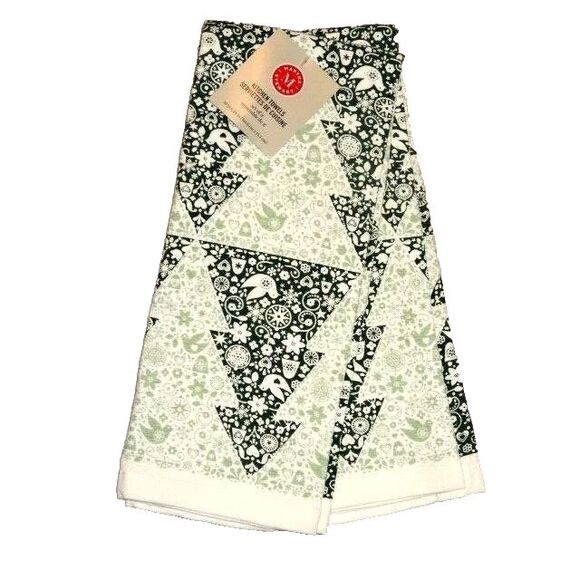 Martha Stewart Old World Trees Kitchen Towels Floral Doves Snowflake Green 2-Pc - Picture 2 of 3